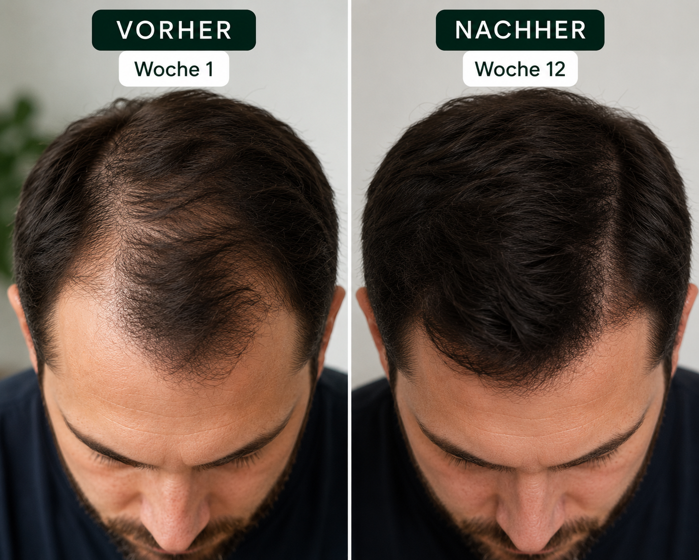 Vorher/Nachher — Person 3: Geheimratsecken/Scheitel, Woche 1 vs. Woche 12