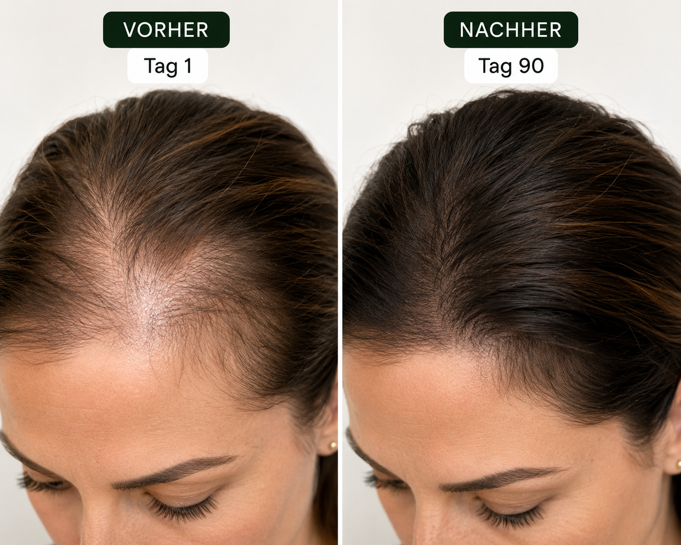 Vorher/Nachher — Person 1: Haaransatz, Tag 1 vs. Tag 90