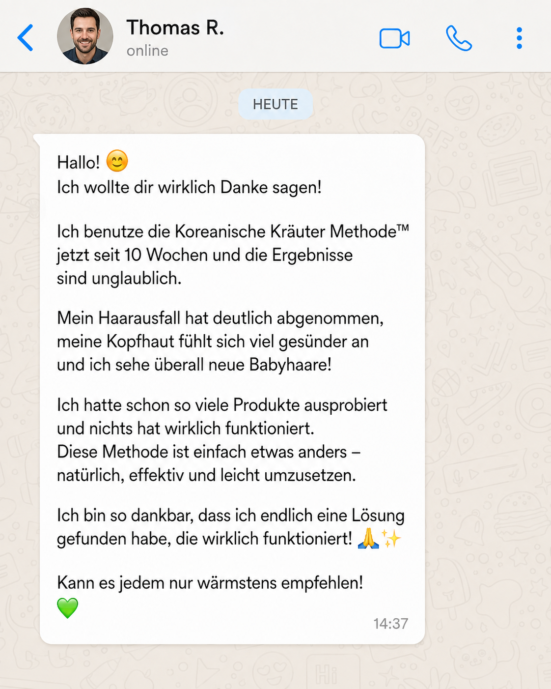 WhatsApp Erfahrungsbericht von Thomas R. nach 10 Wochen Koreanische Kräuter Methode